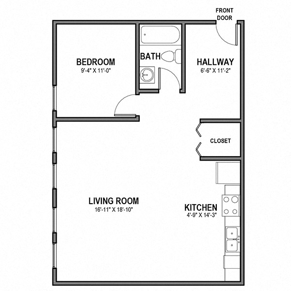 Floor plan for 1 bed, 1 bath, 630 sqft